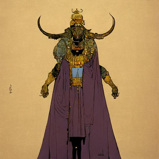 ancient greek evil king by moebius and laika, full body character design, bull element in costume