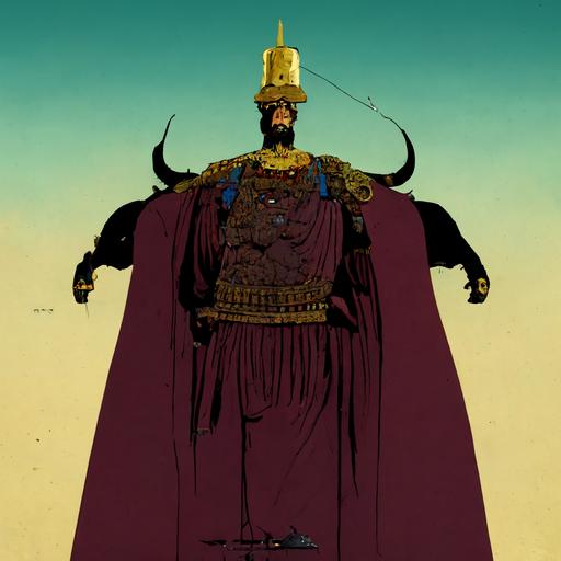 ancient greek evil king by moebius and laika, full body character design, bull element in costume