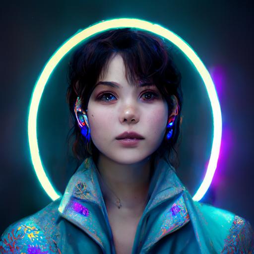 transparent iridescent Sony Walkman halo, blue butterflies, white fluffy jacket 3d y2k style , emerald eyes , goddess , octane render , unreal engine, 8k , photo realistic , Hyper realistic, diamond, in a cyber city, neon lights, human like details, cinematic