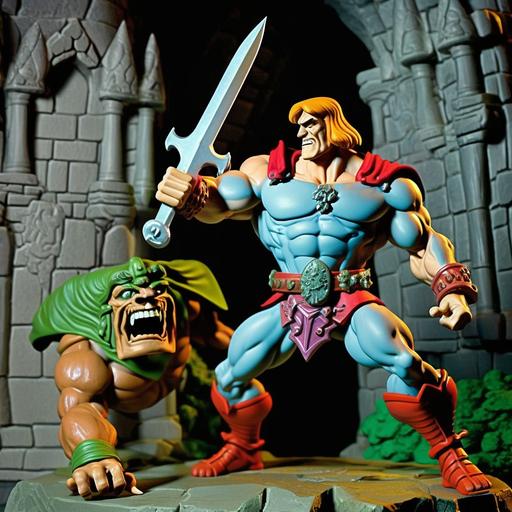 Mattel action figure of a very muscular he-man fighting with a sword against a very muscular King Randor action figure with red leggings with Grayscull Castle background , the castle is made of dark green stones,all done in CGI