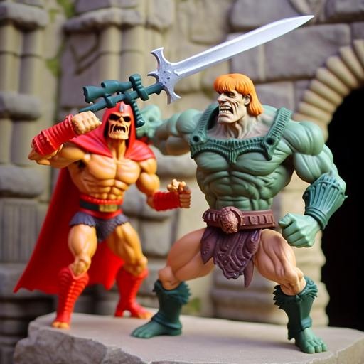 Mattel action figure of a very muscular he-man fighting with a sword against a very muscular King Randor action figure with red leggings with Grayscull Castle background , the castle is made of dark green stones,all done in CGI