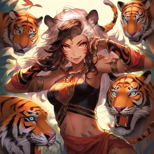 Mature Primal Tiger hairy goddess from Taiwanese Mythology, wearing Ancient Taiwanese golden tiger furred clothing, Ancient Asian. Coming from an primal asian background, she is surrounded by cheerful young children. Fate anime series. --q 2 --niji 5