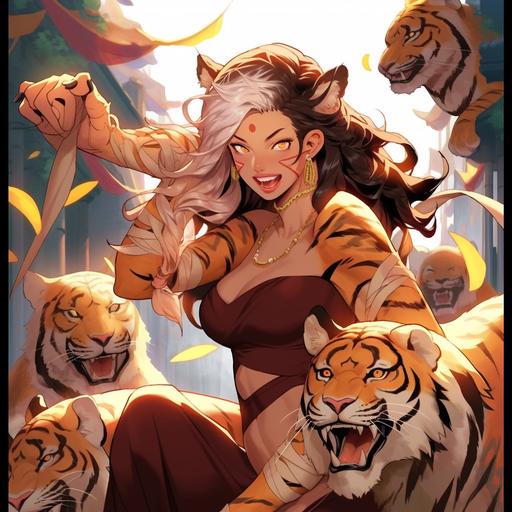 Mature Primal Tiger hairy goddess from Taiwanese Mythology, wearing Ancient Taiwanese golden tiger furred clothing, Ancient Asian. Coming from an primal asian background, she is surrounded by cheerful young children. Fate anime series. --q 2 --niji 5