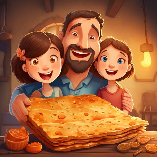 Matzo bread. Family friendly. Cartoon style artwork. Brought to life with vibrant colors and highly detailed.