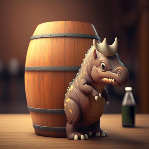 tiny dinosaur, beer barrel, ceral