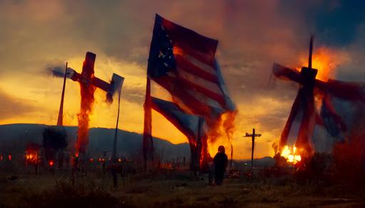 american flags hanging from crosses on fire at sunset, David Fincher, atmospheric, 8k hd ultra detailed matte painting, Francisco Goya, on Medium Format Velvia film::1 --aspect 16:9 --uplight