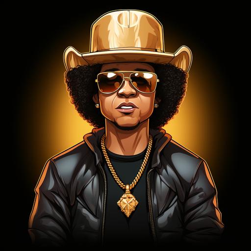 Bruno Mars as a male Lion with an Afro, wearing a baseball cap with lion emblem, wearing a gold link chain, cartoon
