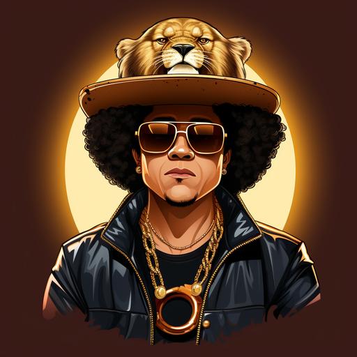 Bruno Mars as a male Lion with an Afro, wearing a baseball cap with lion emblem, wearing a gold link chain, cartoon