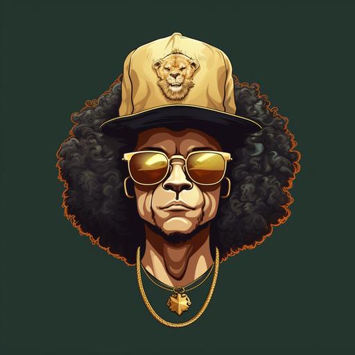 lions head resembling Bruno Mars, with afro, wearing baseball cap with lion emblem, wearing gold link chain, cartoon