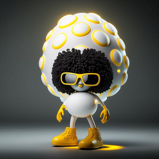 white egg with arms and legs, black power hair, sunglasses, wearing yellow boots, 3d, pop art, intricate details, SSAA, neon effect, cinematic lighting, accent lighting