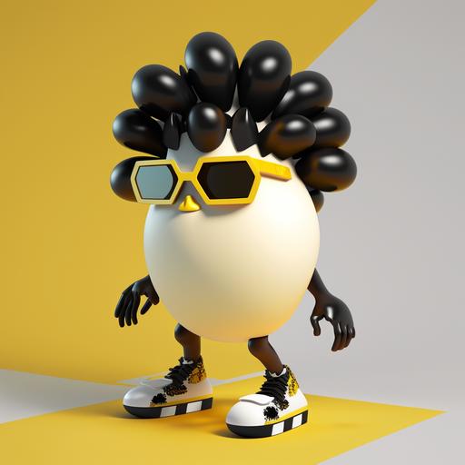 white egg with arms and legs, black power hair, sunglasses, wearing yellow rubber shoes, 3d, pop art, intricate details, SSAA, neon effect, cinematic lighting, accent lighting