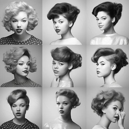 beauty school yearbook student portrait photos of unique crazy artful hairspray hair styling retropop glitter gloss gel sparkle black and white photography