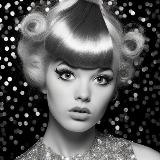 beauty school yearbook student portrait photos of unique crazy artful hairspray hair styling retropop glitter gloss gel sparkle black and white photography