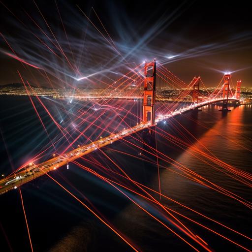 large quantity of swarming qiadcopter led drones creating laser beams 4th of July celebration show over Golden Gate Bridge at night --q 2 --v 5