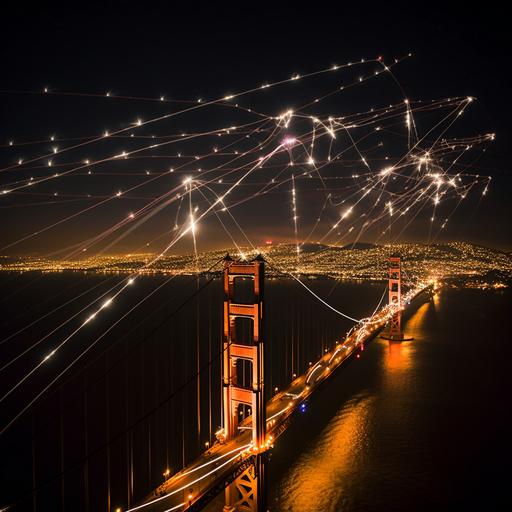 large quantity of swarming qiadcopter led drones creating laser beams 4th of July celebration show over Golden Gate Bridge at night --q 2 --v 5