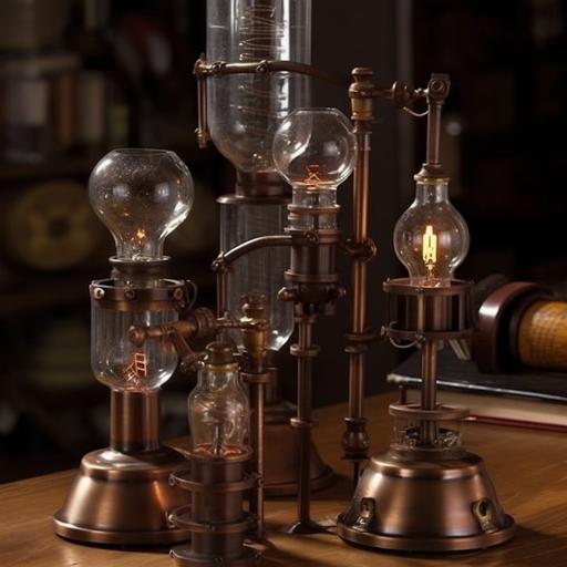 mad scientist steampunk beakers tubes stands pipes coils tablepunk --q 2 --v 5