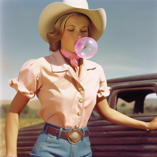 vintage rural cowgirl model chewing bubble gum blowing a really big pink bubble effortless graceful :: we hear poppin smacking and maybe a horse neihhgging --v 5