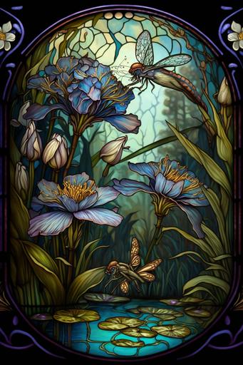 irisis flowers and dragonflies in a pond in stained-glass window , art nouveau, 32k, super detailed, --ar 2:3