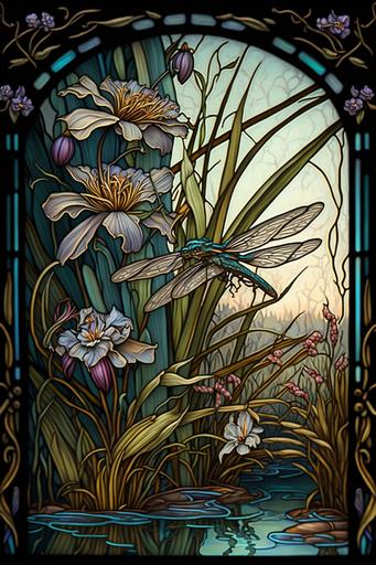 irisis flowers and dragonflies in a pond in stained-glass window , art nouveau, 32k, super detailed, --ar 2:3