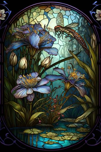 irisis flowers and dragonflies in a pond in stained-glass window , art nouveau, 32k, super detailed, --ar 2:3