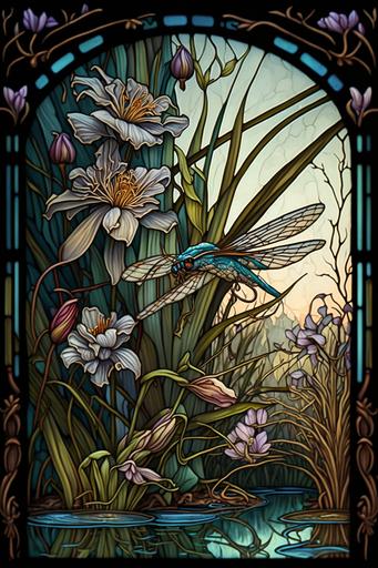 irisis flowers and dragonflies in a pond in stained-glass window , art nouveau, 32k, super detailed, --ar 2:3