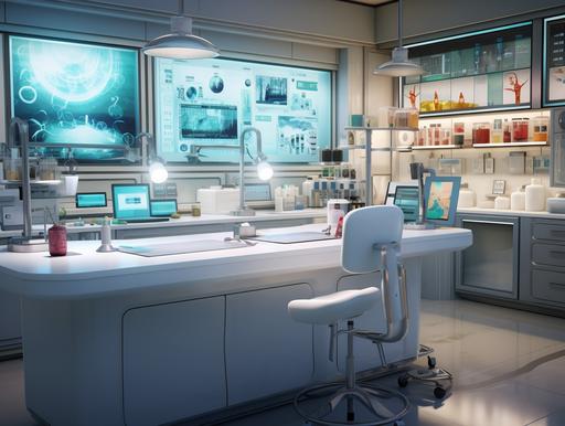 Mad scientist lab with lab coats hanging on the wall, laptop on the counter, clear plastic rolling chair, test vials and pictures of human cells on the walls --ar 4:3