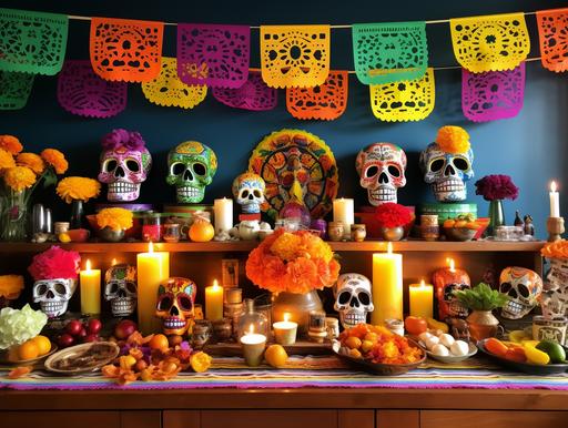 Mexican Dia De Los Muertos Ofrenda scene with sugar skulls, marigold flowers, candles, fruit, Mexican bread, dulce de muerto, papel picado de colores/colored paper, pictures of Mexican relatives, Mexican rainbow textile, ofrenda should have multiple shelves, tables on top of each other, traditional/authentic adobe Mexican walls in the background --ar 4:3