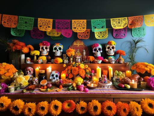 Mexican Dia De Los Muertos Ofrenda scene with sugar skulls, marigold flowers, candles, fruit, Mexican bread, dulce de muerto, papel picado de colores/colored paper, pictures of Mexican relatives, Mexican rainbow textile, ofrenda should have multiple shelves, tables on top of each other, traditional/authentic adobe Mexican walls in the background --ar 4:3