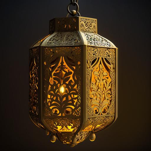 Middle-Eastern, Moroccan hanging lantern made of metal, glowing yellow, realistic