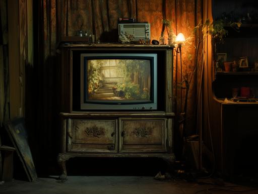 Old bulky tv on wooden shelf with two door cabinet below, suitable for a haunted house --ar 4:3