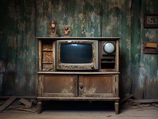 Old bulky tv on wooden shelf with two door cabinet below, suitable for a haunted house --ar 4:3