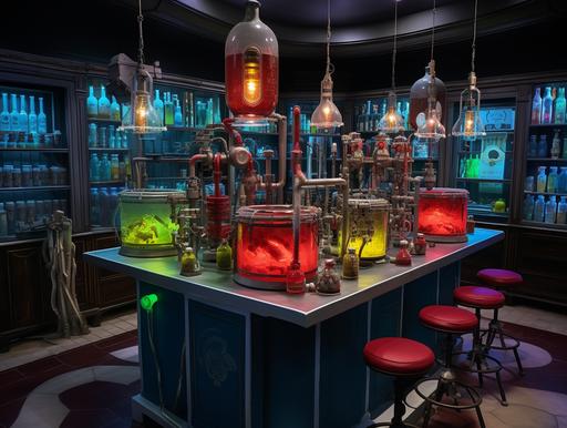 horror and scary-themed Mad scientist lab with lab coats hanging on the wall, laptop on the counter, clear plastic rolling chairs, test tubes, vials, red, yellow, green, blue liquids in beakers --ar 4:3