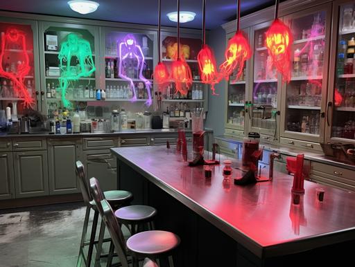 horror and scary-themed Mad scientist lab with lab coats hanging on the wall, laptop on the counter, clear plastic rolling chairs, test tubes, vials, red, yellow, green, blue liquids in beakers --ar 4:3