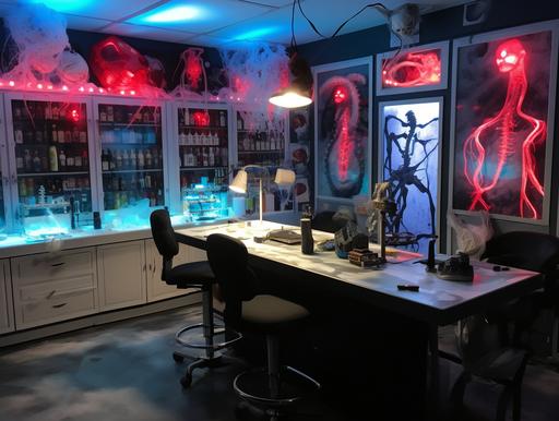 spooky, horror-themed mad scientist lab with lab coats hanging on the wall, laptop on the counter, clear plastic rolling chair, test vials and pictures of human cells on the walls --ar 4:3