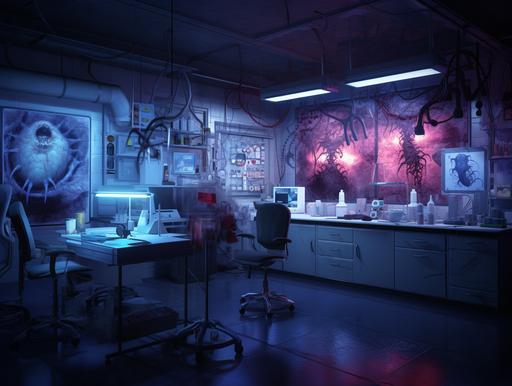 spooky, horror-themed mad scientist lab with lab coats hanging on the wall, laptop on the counter, clear plastic rolling chair, test vials and pictures of human cells on the walls --ar 4:3