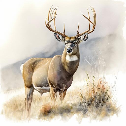 mule deer buck art in watercolors, --v 4