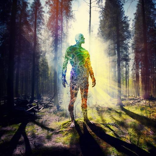 zombie full body, pose in a forest in heavens, midday, rainbow,Wide angle large distance shot, sensitive midday, bright colors, highly detailed , atmospheric, White Balance, Cinematic Lighting, Studio Lighting, ultra detailed, Screen Space Global Illumination, asymmetrical, GB displacement, incredibly detailed and intricate, elegant, highly photorealistic