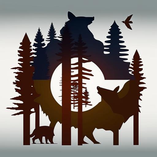 add silhouette of pine trees and funny cartoon animals