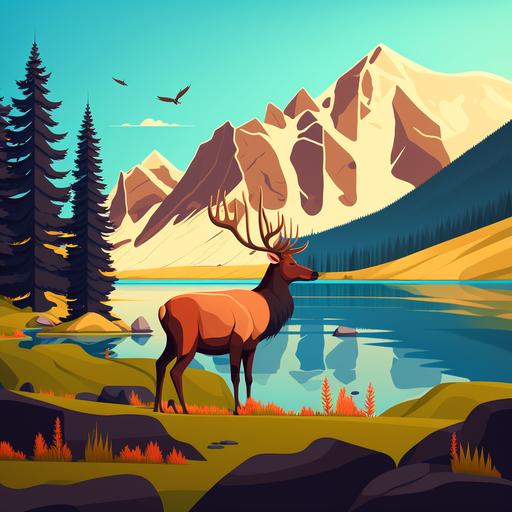 funny cartoon elk in mountains by lake vector anime