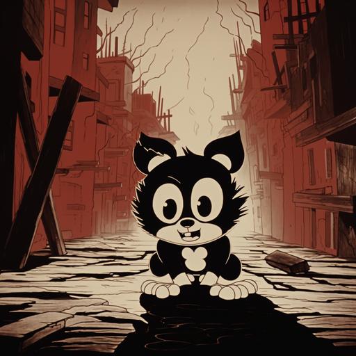 scene from early 1930s cartoon red panda character by tony babel rubberhose style cartoon, great depression setting, heavy shadows, no color, grim and surreal mood, sense of impending danger, Fleischer Studios