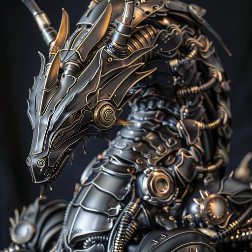 Mechanical dragon, armor covered black mechanical dragon, big fantasy mechanical dragon, hyper-realistic mechanical dragon --v 6.0