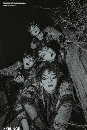 Medieval Korean K-pop boy band playing medieval grunge wearing costumes made from fishnet and lace. The costumes are inspired by Bernard Buffet. Tour poster announcing 