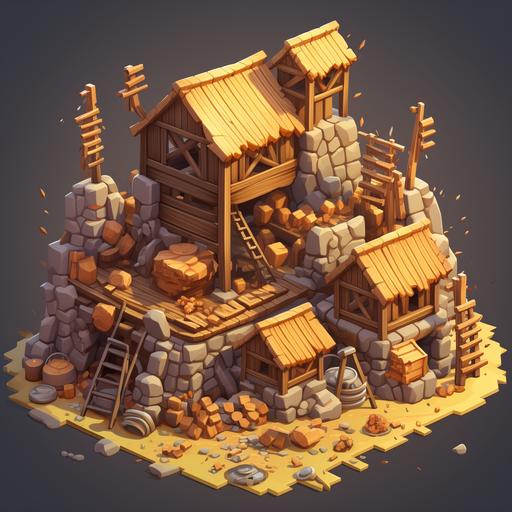 Medieval Norse mythology fantasy, lumberyard, lots of logs piled up, cartoon-style deformation, 2d isometric view, quater_view, Quarter View, 2d animation sytle, cartoon style, casual design, super deformed, simplify, landscape, 12k, line