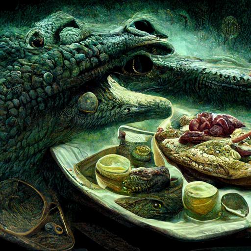 Medieval bestiary depicting a crocodile eating a human for lunch, matte painting, by Zina Stromberg