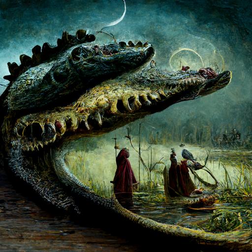 Medieval bestiary depicting a crocodile eating a human for lunch, matte painting, by Zina Stromberg