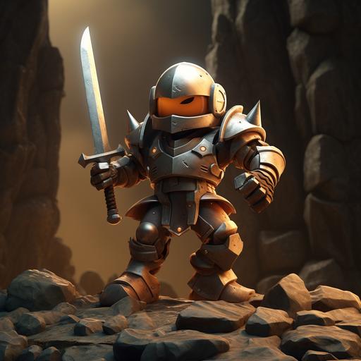 Medieval fantasy character with a sword, sci-fi armor, he breaks a rock, pixar, cartoon