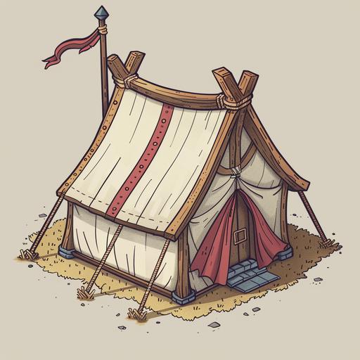 Medieval fantasy soldier tent, cartoon style, line, quarter view, isometric view