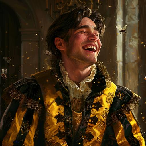Medieval fantasy style, Large Young Male Nobleman in his 20's looking happy and drunk, he is wearing fancy yellow and black clothing, looking like a bee. Castle background. --v 6.0