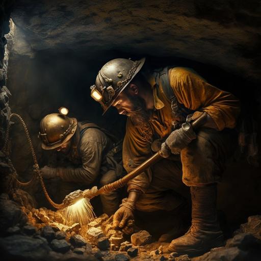 Medieval miners dig gold with a pickaxe in a cave ultra realistic, increadibly detailed, 4k --v 4