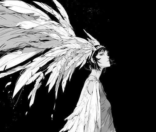 Medium-Full Shot, black background, A woman with an archaeopteryx bob cut, Japan, Asian, Yoshiharu Tsuge Style, high detail black and white ink,comic strip with dramatic. art by mierAI --style raw --stylize 250 --ar 74:63